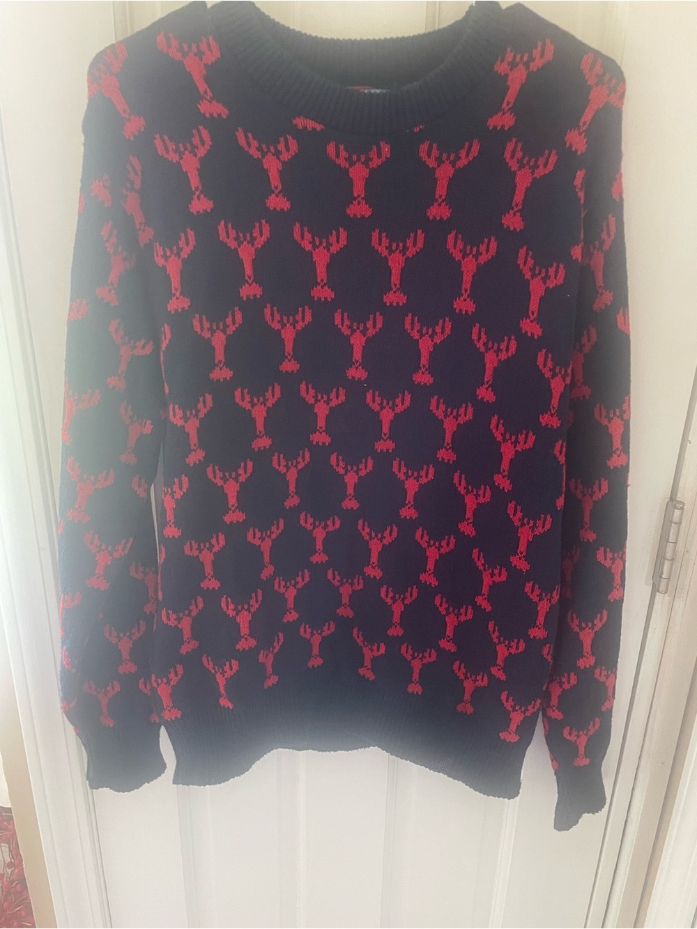 Kiel James Patrick Navy Sweater with Red Lobster Pattern